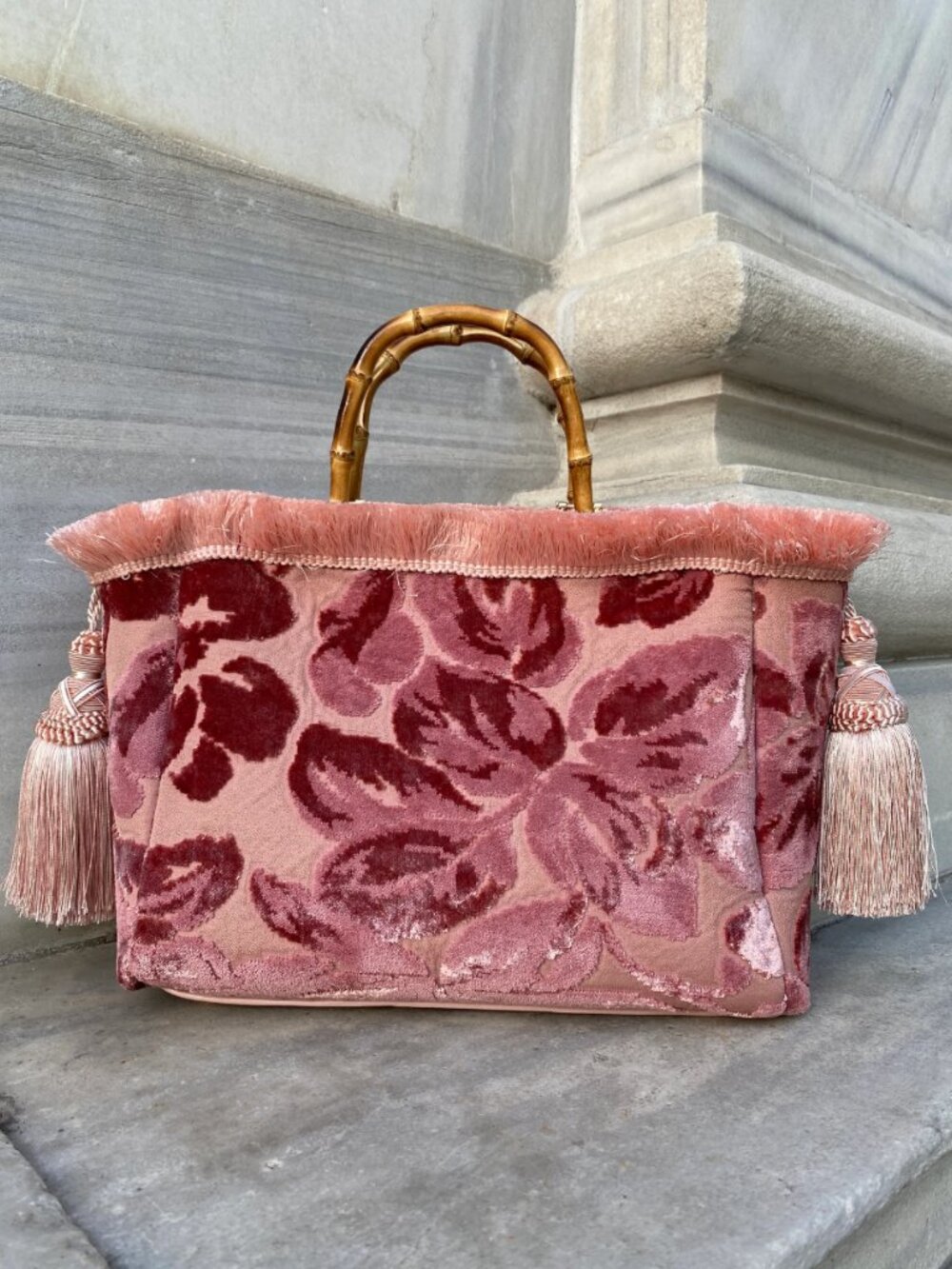 Bohemian Velvet Baroque Tasseled Bamboo Handle Tote Bag